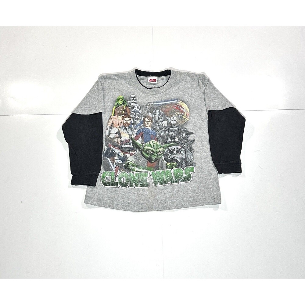 Vintage Star Wars Clone Wars Long Sleeve T-Shirt Jedi Sith Gray Youth Size 4-5T